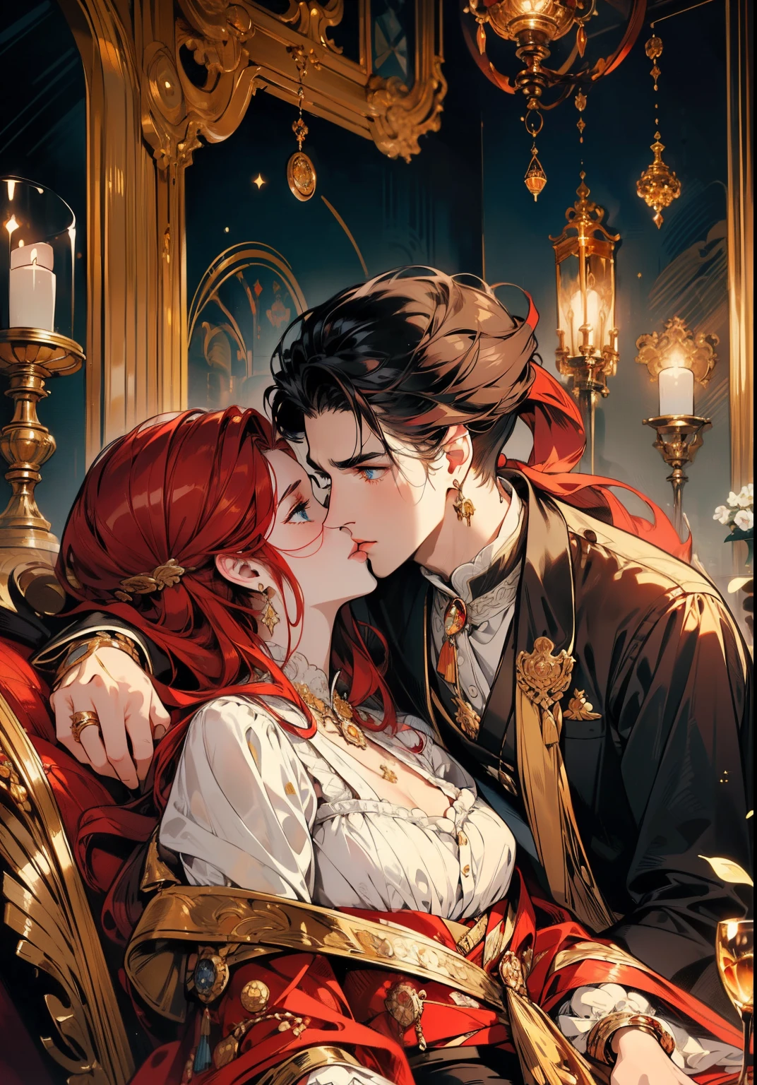 ((masterpieces)), best quality, exceptional illustration, a couple kissing, soft focus, 1 boy with short black hair, BLUE EYES, 1 girl with long wavy red hair, GOLDEN YELLOW EYES, Victorian clothing, Victorian romanticism, opulent and exquisite atmosphere, soft light and warm lighting.