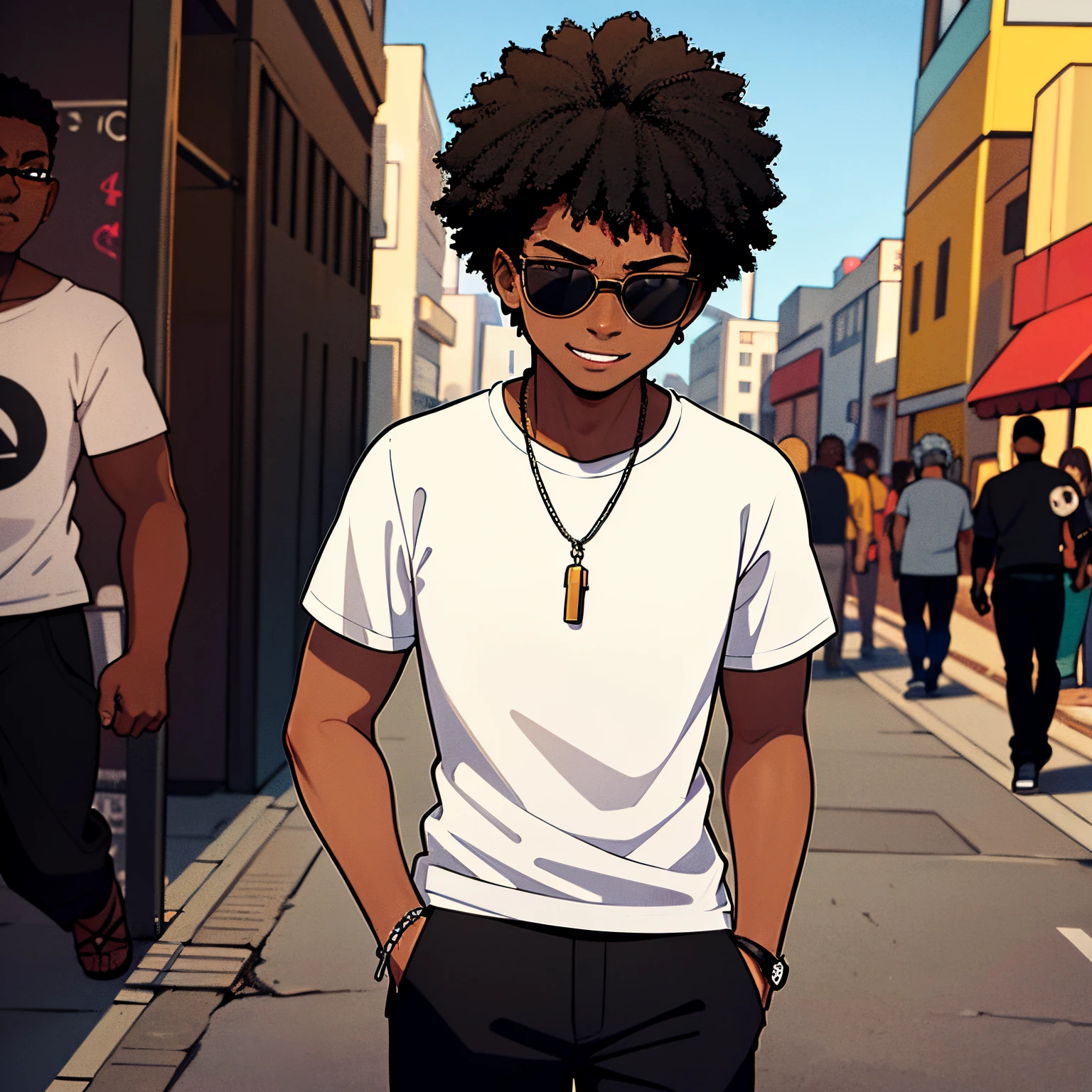 A black 18 year old boy in the middle of the dark city, with a evil smile in got sun glasses, white T shirt and black pants with a chain and he’s a afro and showing his money