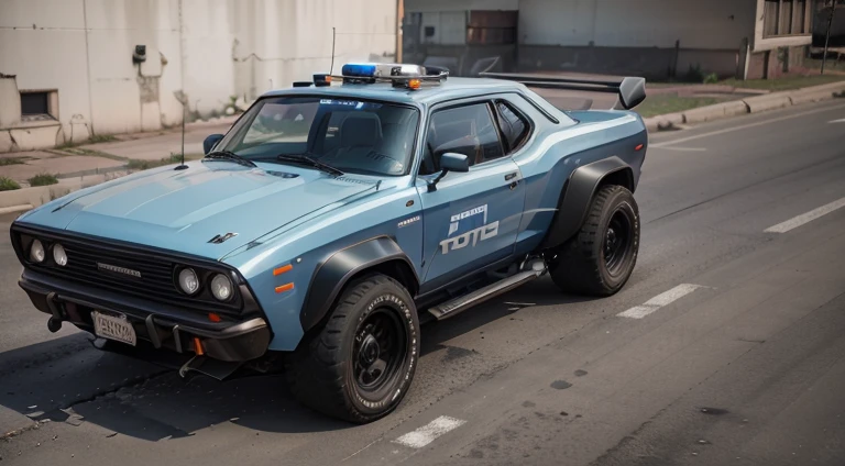 dark grayish-blue police 4x4 car, in motion, urban, 1980s, front right view, ultra realistic, cinematic style, worm colors, 8K, HD