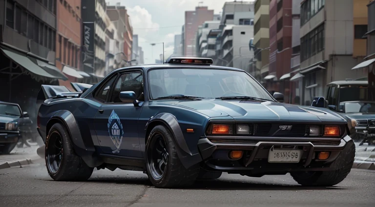 dark grayish-blue police 4x4 car, in motion, urban, 1980s, front right view, ultra realistic, cinematic style, worm colors, 8K, HD