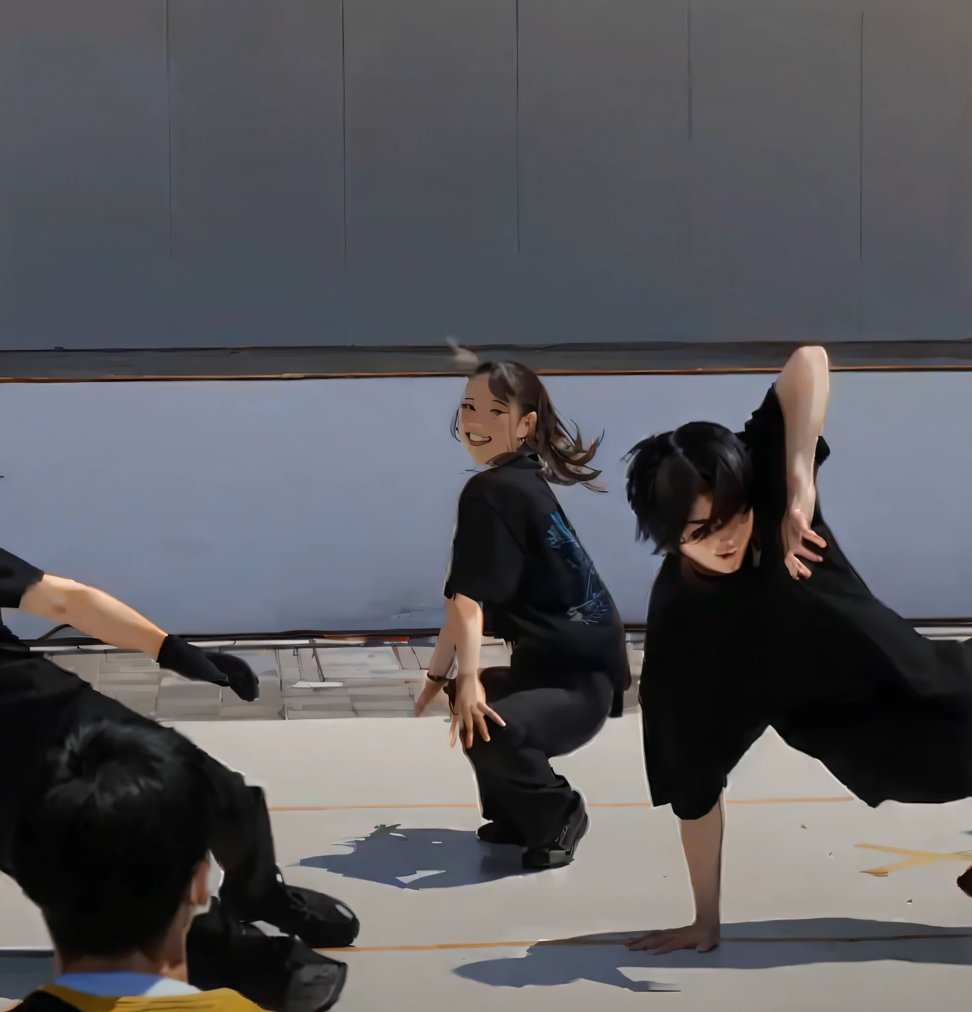 Several people are dancing on the concrete, Men's and Women's Break Dance, various action poses, Choreographed battle scenes, choreography, anime pose, youtube video screenshot, Bullet Time, Poses variadas, yukio - e, still from live action movie, in an action pose, takato yomamoto. 4 k, Kungfu.(Best Quality, 4K, 8K, hight resolution, masutepiece:1.2)(Scene description).Bokeh.Rowdy.Anatomically correct