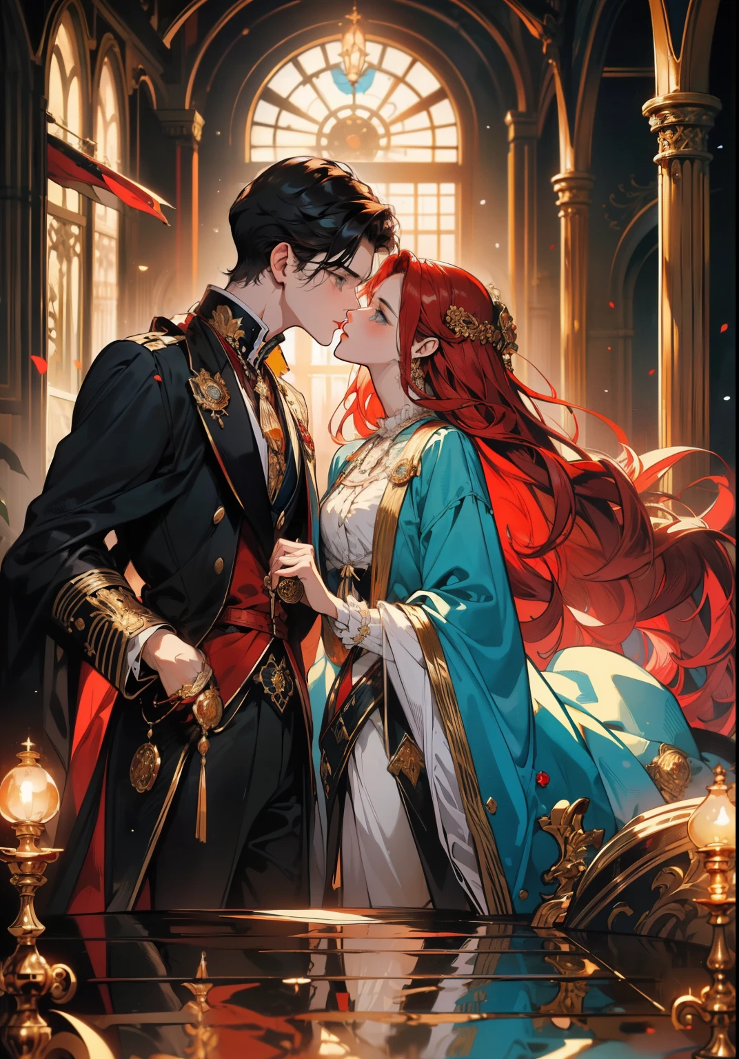 ((masterpieces)), best quality, exceptional illustration, a couple kissing, soft focus, 1 boy with short black hair, BLUE EYES, 1 girl with long wavy red hair, GOLDEN YELLOW EYES, Victorian clothing, Victorian romanticism, opulent and exquisite atmosphere, soft light and warm lighting.