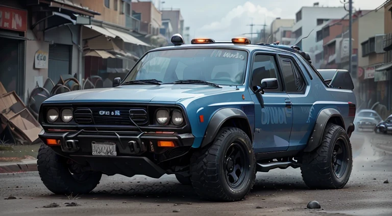 dark grayish-blue police 4x4 SUV, in motion, urban, 1980s, front right view, ultra realistic, cinematic style, worm colors, 8K, HD