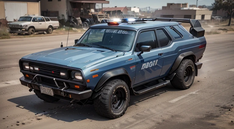 dark grayish-blue police 4x4 SUV, in motion, urban, 1980s, front right view, ultra realistic, cinematic style, worm colors, 8K, HD