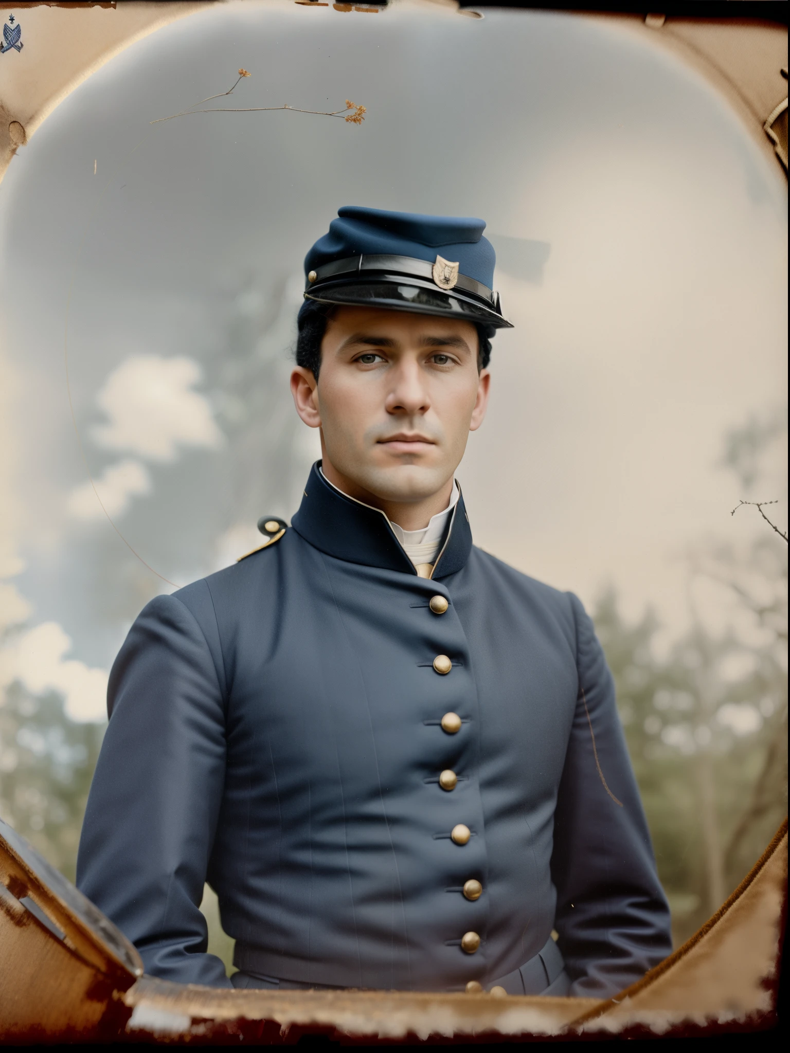 arafed man in uniform posing for a picture in a wooded area, 1 8 0 0 s soldier, xix century military outfit, portrait of a soldier, dressed in shako, wearing blue military uniform, wearing a military uniform, in a soldier uniform, promo still, in military uniform, closeup portrait shot, inspired by Alexander Sharpe Ross, in uniform