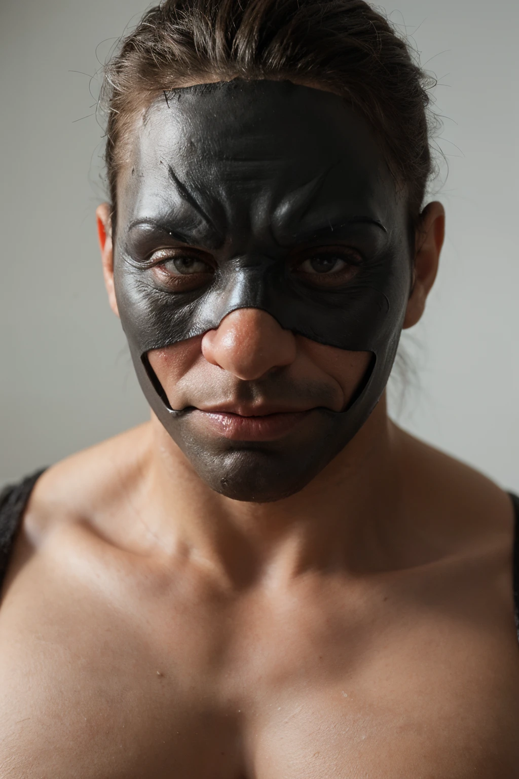 ((best quality)), ((master part)), (circunstanciado), perfect face Tall, muscular man wearing unusually dark and macabre clown mask.