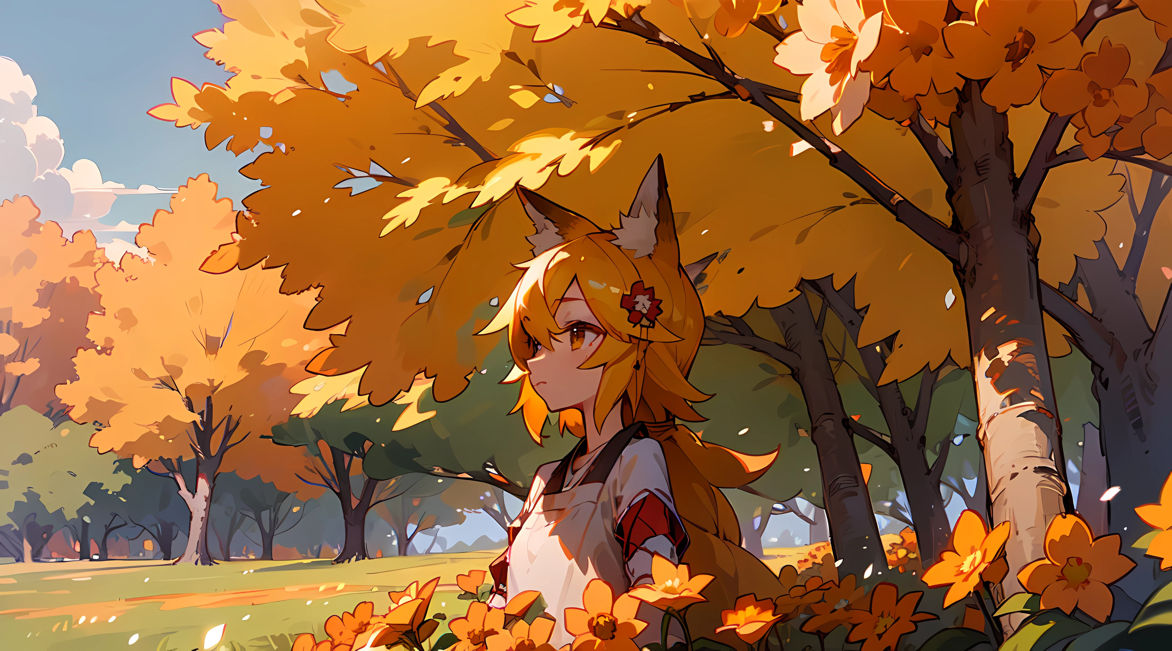 A girl, Fox ears, field, Orange flowers. Super detailed, Detailed ears, Detail Eyes, Girls 4K, Detailed flowers, beautiful clouds, detailed blocks, Beautiful trees, trees in the background, Detailed trees, Girl close-up, body