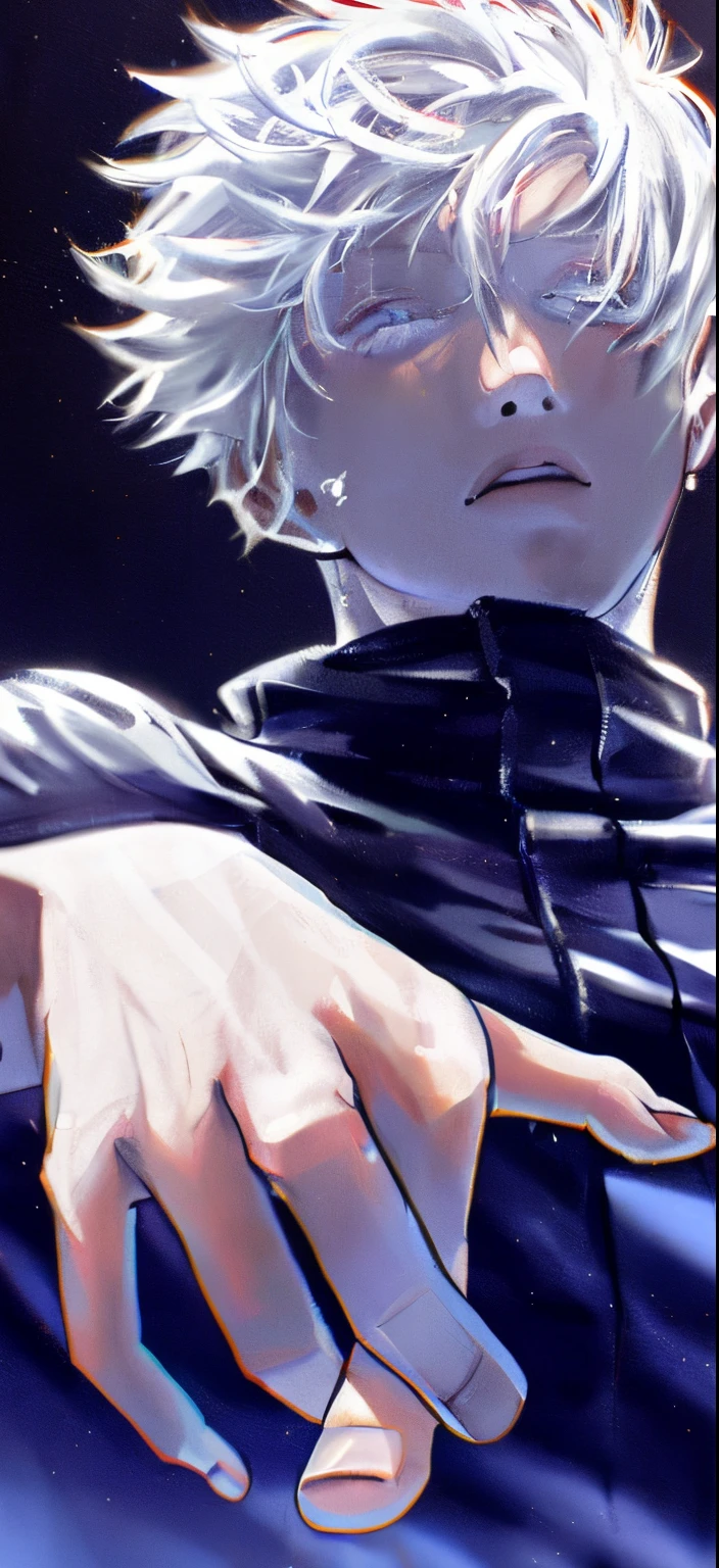 anime boy with white hair and glasses pointing at something, 4 k manga wallpaper, best anime 4k konachan wallpaper, killua zoldyck portrait, detailed digital anime art, 4k anime wallpaper, jujutsu kaisen, with index finger, high quality fanart, ken kaneki, killua zoldyck black hair, anime cover