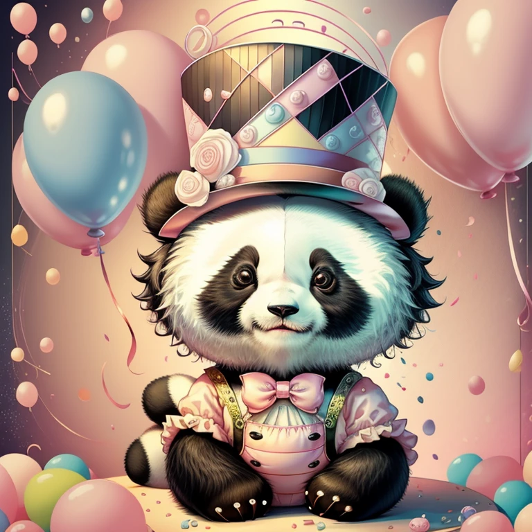 (cute baby panda with a pink top hat with ballons), Munchkin ,Geometric multidimensional wall portrait, livro de arte, Tchibi,
Yang08k, Beautiful, Colouring,
Obras, of the highest quality, best quality, Arte Oficial, Beautiful and Aesthetic,