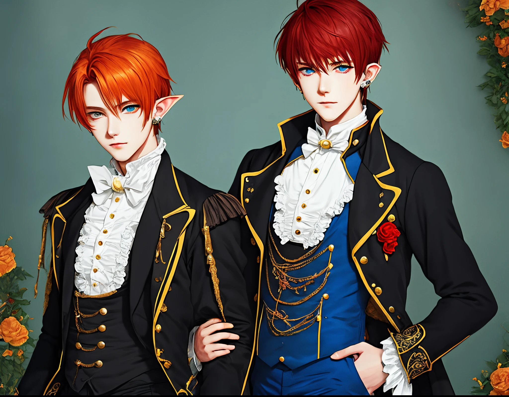 Cute male anime vampire, red orange hair, long with bangs, blue eyes, elf ears with piercings, pale skin, dressed in fancy Victorian clothing