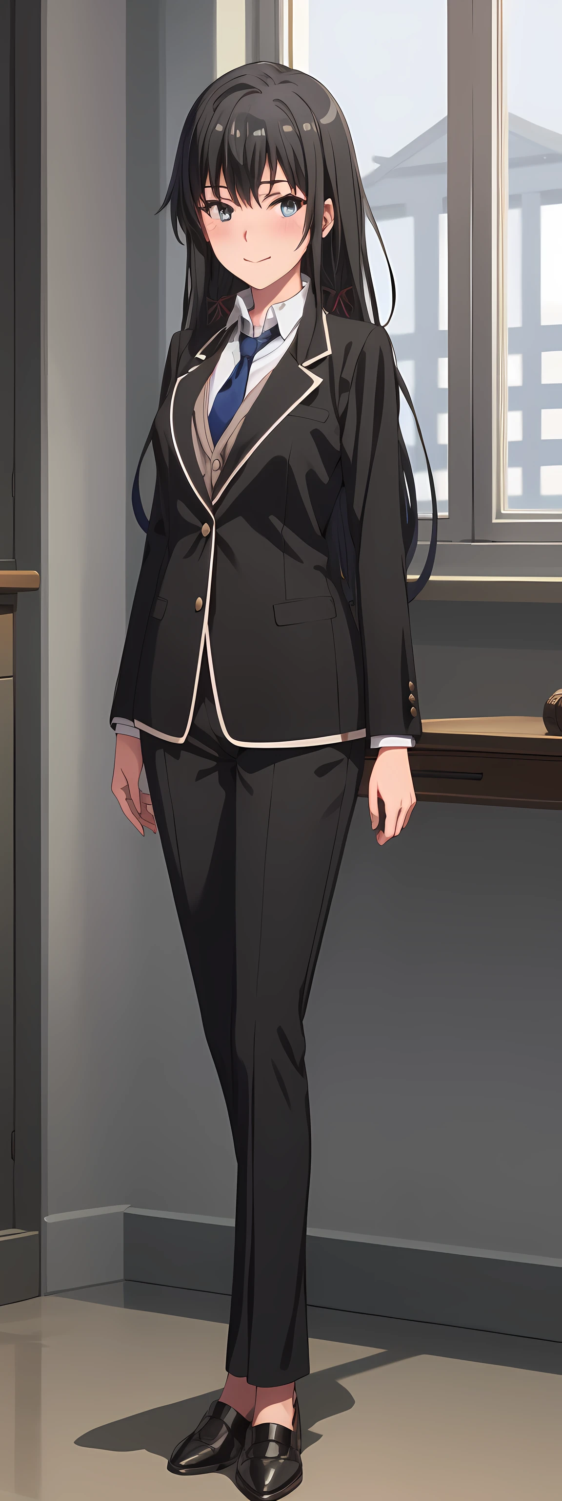 Yukinoshita yukino,woman in formal attireactive suit tuxedo tailcoat standing in a large alcove in the room, 1girl, solo, necktie, black hair, blue eyes, long hair, smile, jacket, looking at viewer, shirt, pants, blue necktie, collared shirt, white pants, white shirt, indoors, bangs, long sleeves, closed mouth, window, black jacket, blush, cowboy shot, formal, suit, full body