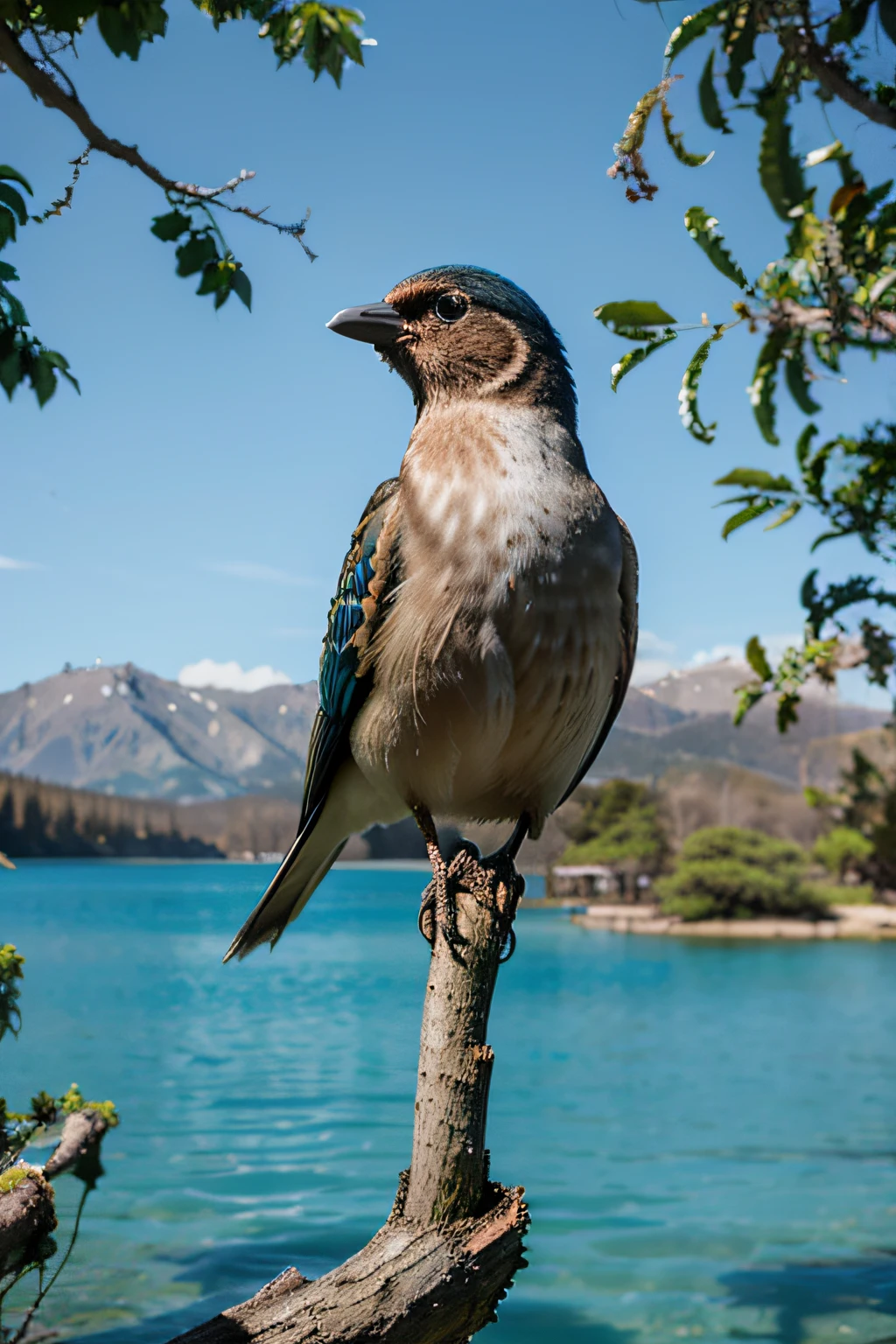 Create an ultra-realistic image of a bird perched on a branch with a blue lake in the background, with a resolution of less than 4 megapixels.