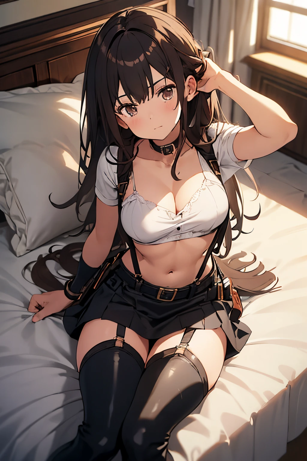 Brown hair、watching at viewers　　　black suspenders　　　Bulging big breasts　　 　 　　　walls: 　Black miniskirt　garters　　　　　　Gaze　　　Small face　bangss 　　　holster　　Belt Armament　Beautuful Women　srestrained　hands up　Lying in bed　Leg holster lying on the bed　　Gaze 　black boots panty shot