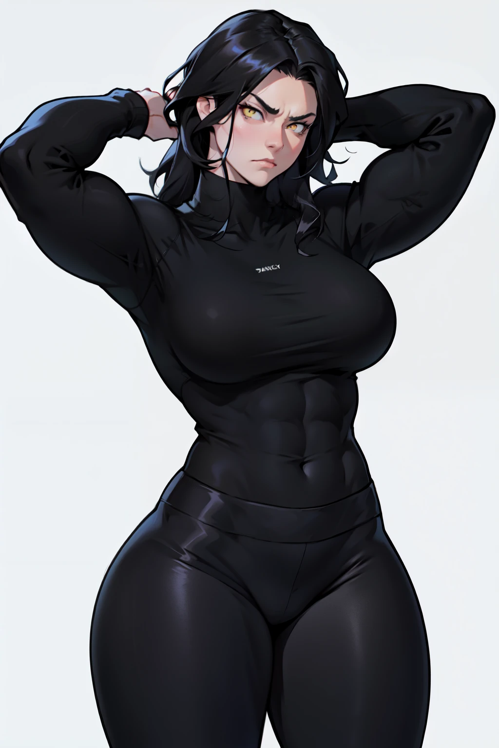 girl 1girl pale skin black hair yellow eyes long hair black leggings tight long sleeve black t-shirt frown muscular muscular muscular muscular muscular thick thighs thick thighs huge breasts black leggings tight long sleeve black t-shirt black leggings tight long sleeve black t-shirt simple background frown
