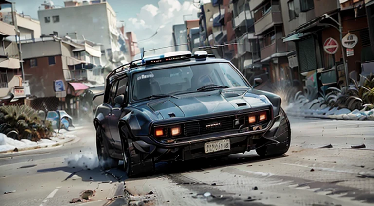 dark grayish-blue police 4x4 SUV, 1980s, urban, in motion, slow motion, motion blur, front right view, ultra realistic, cinematic style, worm colors, 8K, HD