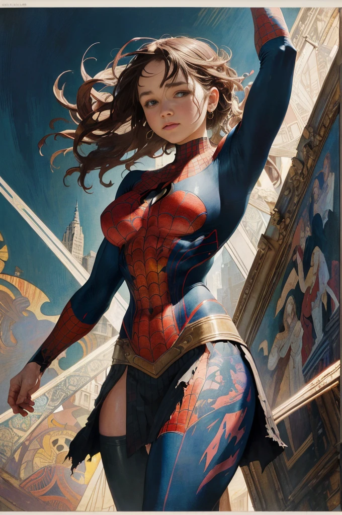 Emilia Clark、Sticking out the navel、newyork、She wears a torn Spider-Man suit,wearing skirt、abstract photorealistic、artistic、Alphonse Mucha's painting(​masterpiece、top-quality、hight resolution:1.4)、detaileds、intricate-detail、4K、color splashes、line-drawing、Fibonacci、