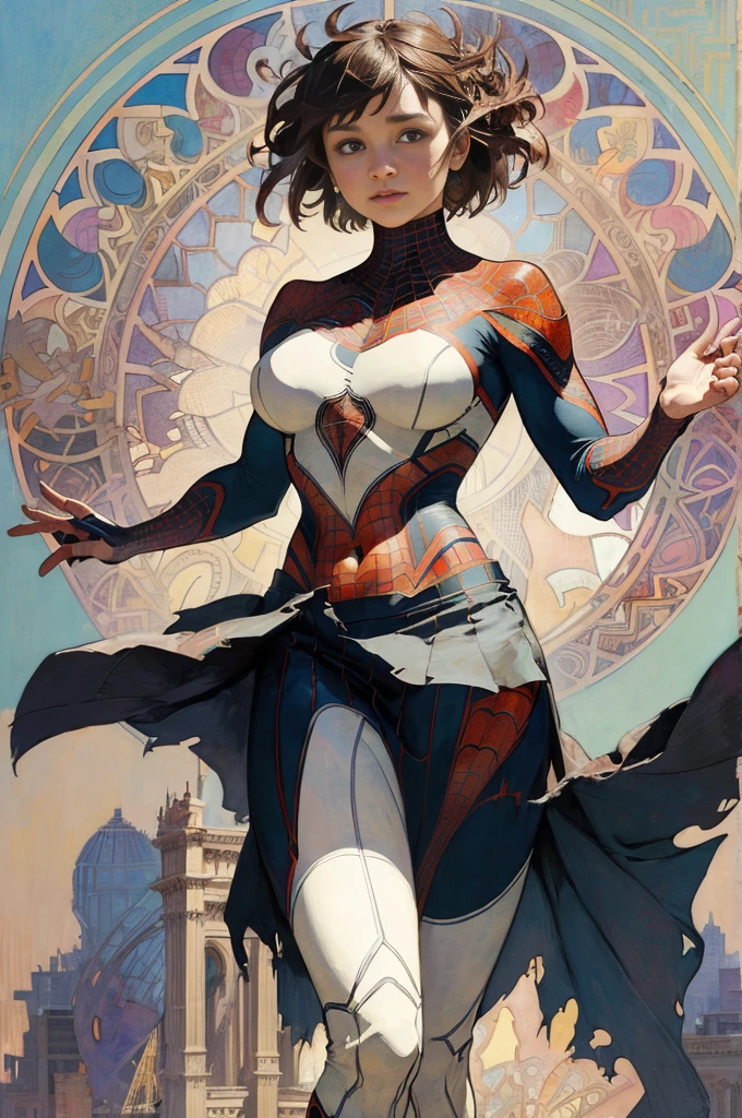 Emilia Clark、Sticking out the navel、newyork、She wears a torn Spider-Man suit,wearing skirt、abstract photorealistic、artistic、Alphonse Mucha's painting(masterpiece、top-quality、hight resolution:1.4)、detaileds、intricate-detail、4K、color splashes、line-drawing、Fibonacci、