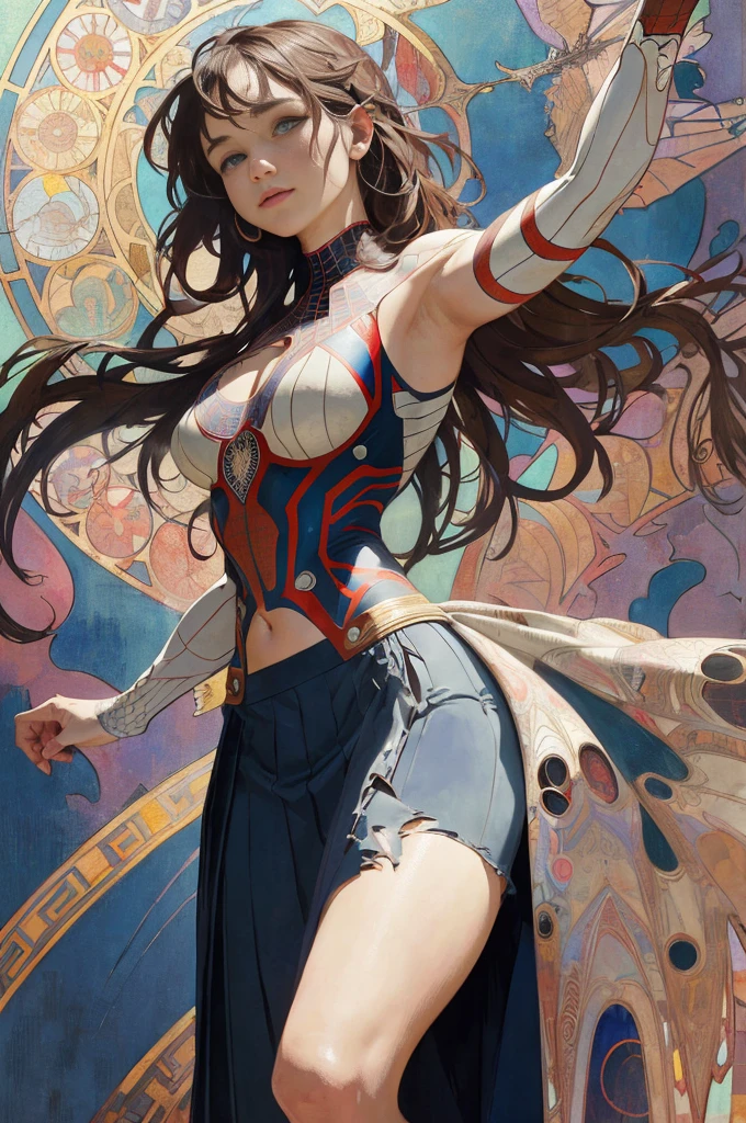 Emilia Clark、Sticking out the navel、newyork、She wears a torn Spider-Man suit,wearing skirt、abstract photorealistic、artistic、Alphonse Mucha's painting(masterpiece、top-quality、hight resolution:1.4)、detaileds、intricate-detail、4K、color splashes、line-drawing、Fibonacci、