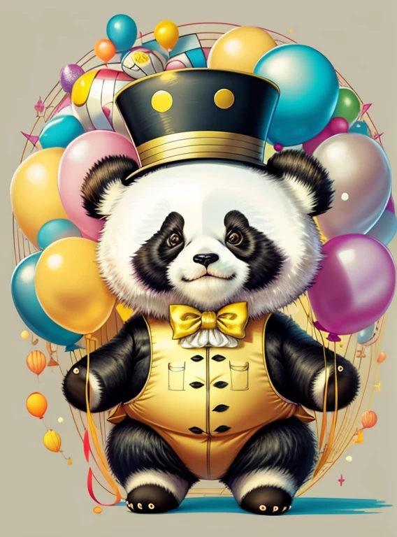 (cute panda with a yellow top hat with ballons), Munchkin ,Geometric multidimensional wall portrait, livro de arte, Tchibi,
Yang08k, Beautiful, Colouring,
Obras, of the highest quality, best quality, Arte Oficial, Beautiful and Aesthetic,