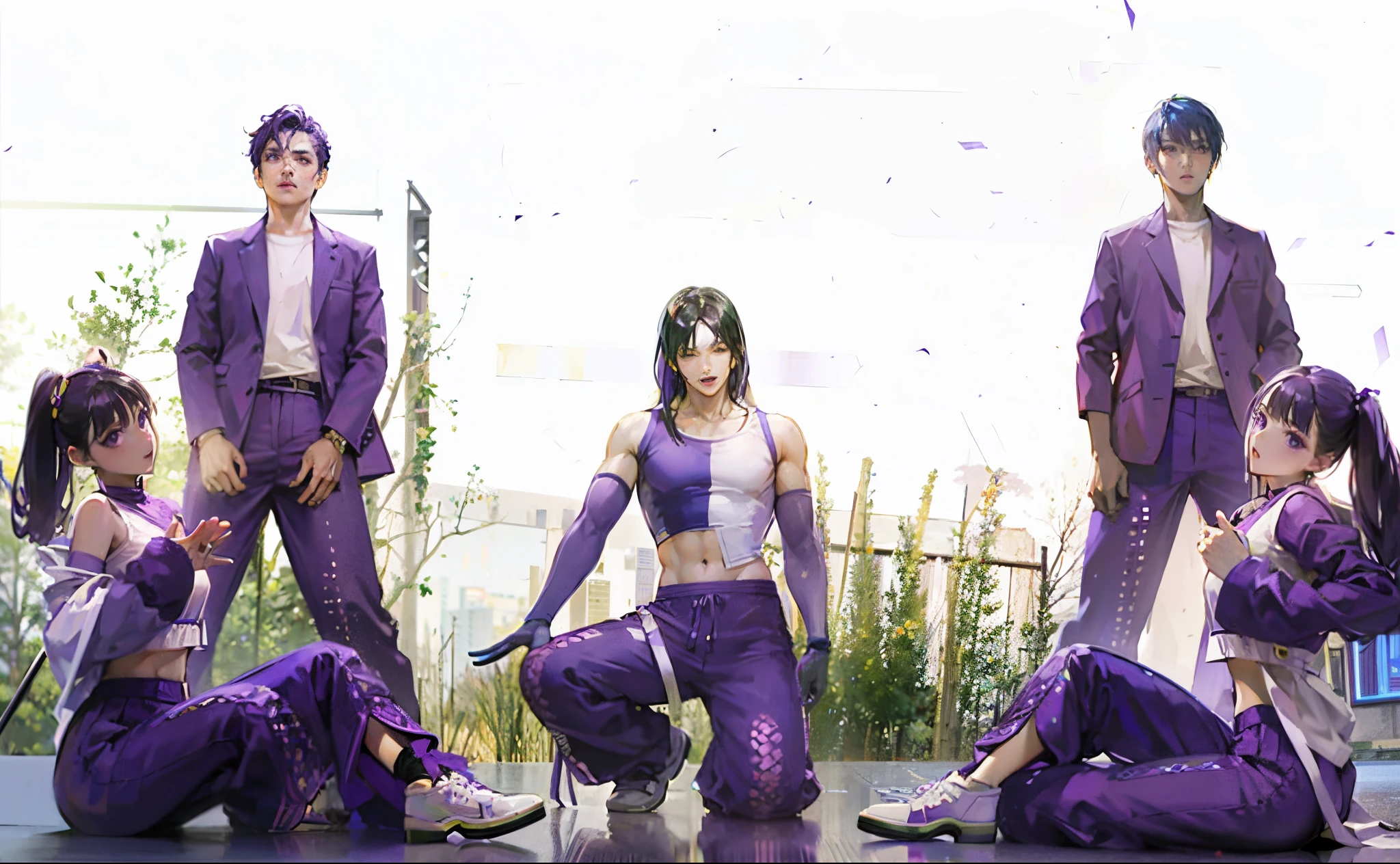 several people in purple outfits are posing for a picture, purple, purple bridges with leggins, low quality video, wearing a purple sweatsuit, music video, purple outfit, purple clothes, performing on stage, performing a music video, unreal ungine 5, purple aethetic, low quality photo, purple body, ((purple)), posing as a jojo character