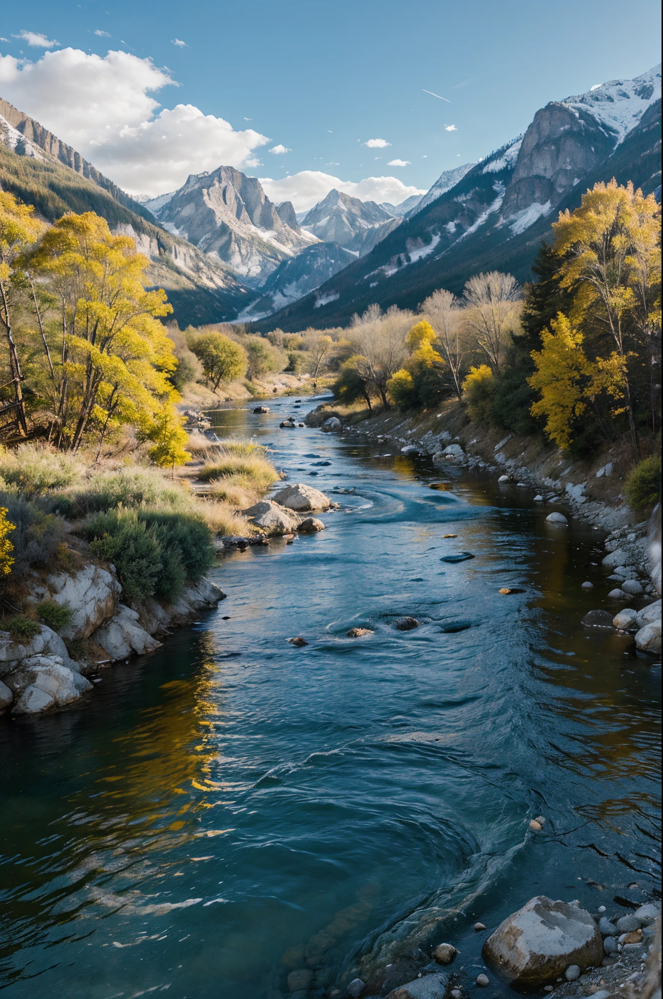 the colors must be yellow and black, the theme is water treatment, showing nature with mountains and a river with clean water