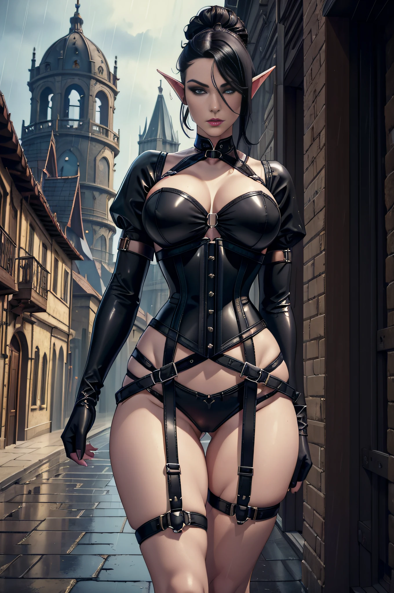 (best quality,4k,8k,highres,masterpiece:1.2) dark elf, dominatrix, pale white skin, black hair, strict huge bun hair, scraped back hair, thong, body harness, cinched corset waist, fantasy, city, medieval, rainfall, leather harness