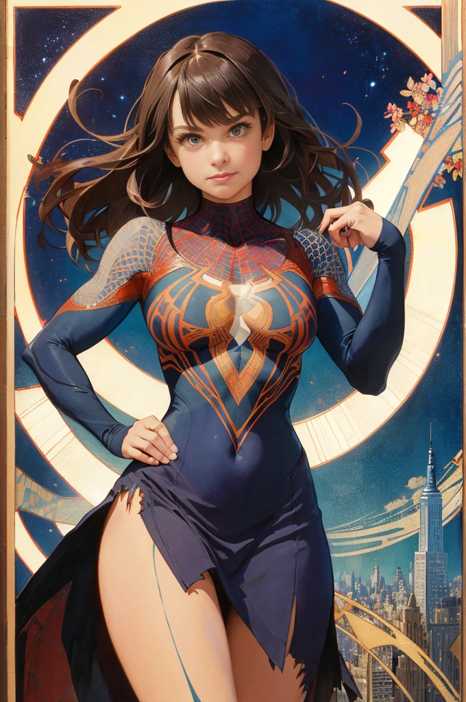 Lea Michele、Sticking out the navel、newyork、She wears a torn Spider-Man suit,wearing skirt、abstract photorealistic、artistic、Alphonse Mucha's painting(masterpiece、top-quality、hight resolution:1.4)、detaileds、intricate-detail、4K、color splashes、line-drawing、Fibonacci、