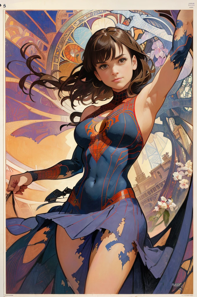 Emilia Clark、Sticking out the navel、newyork、She wears a torn Spider-Man suit,wearing skirt、abstract photorealistic、artistic、Alphonse Mucha's painting(masterpiece、top-quality、hight resolution:1.4)、detaileds、intricate-detail、4K、color splashes、line-drawing、Fibonacci、