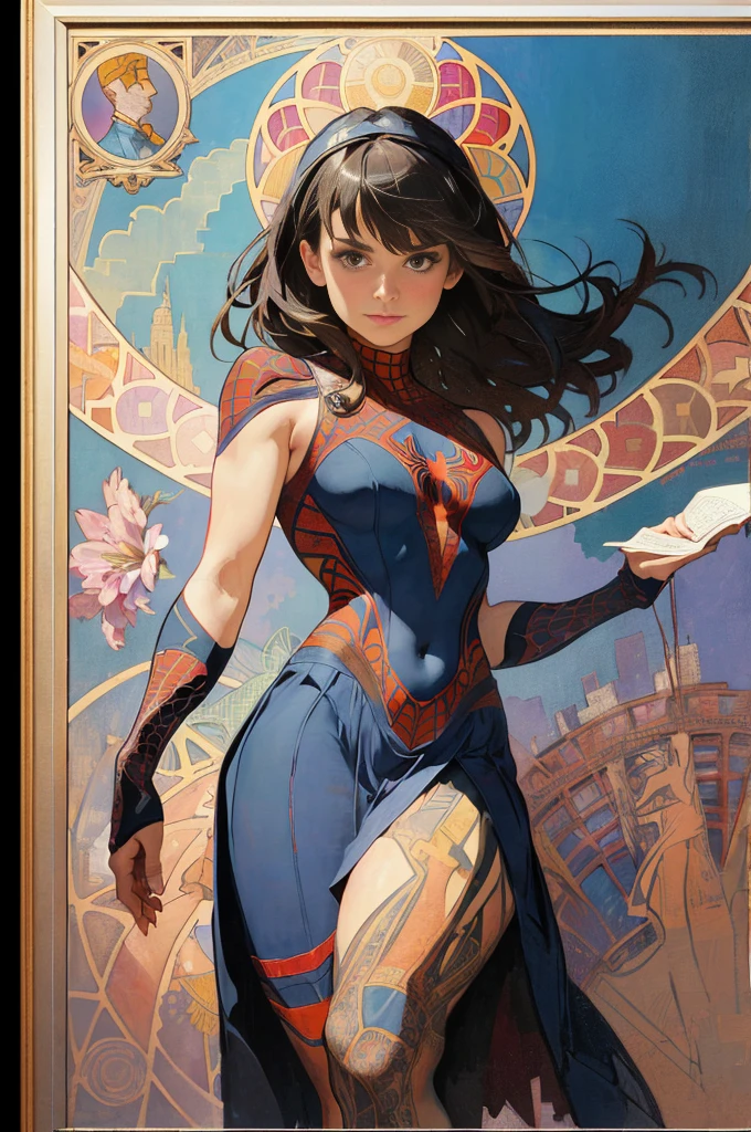 Lea Michele、Sticking out the navel、newyork、She wears a torn Spider-Man suit,wearing skirt、abstract photorealistic、artistic、Alphonse Mucha's painting(masterpiece、top-quality、hight resolution:1.4)、detaileds、intricate-detail、4K、color splashes、line-drawing、Fibonacci、