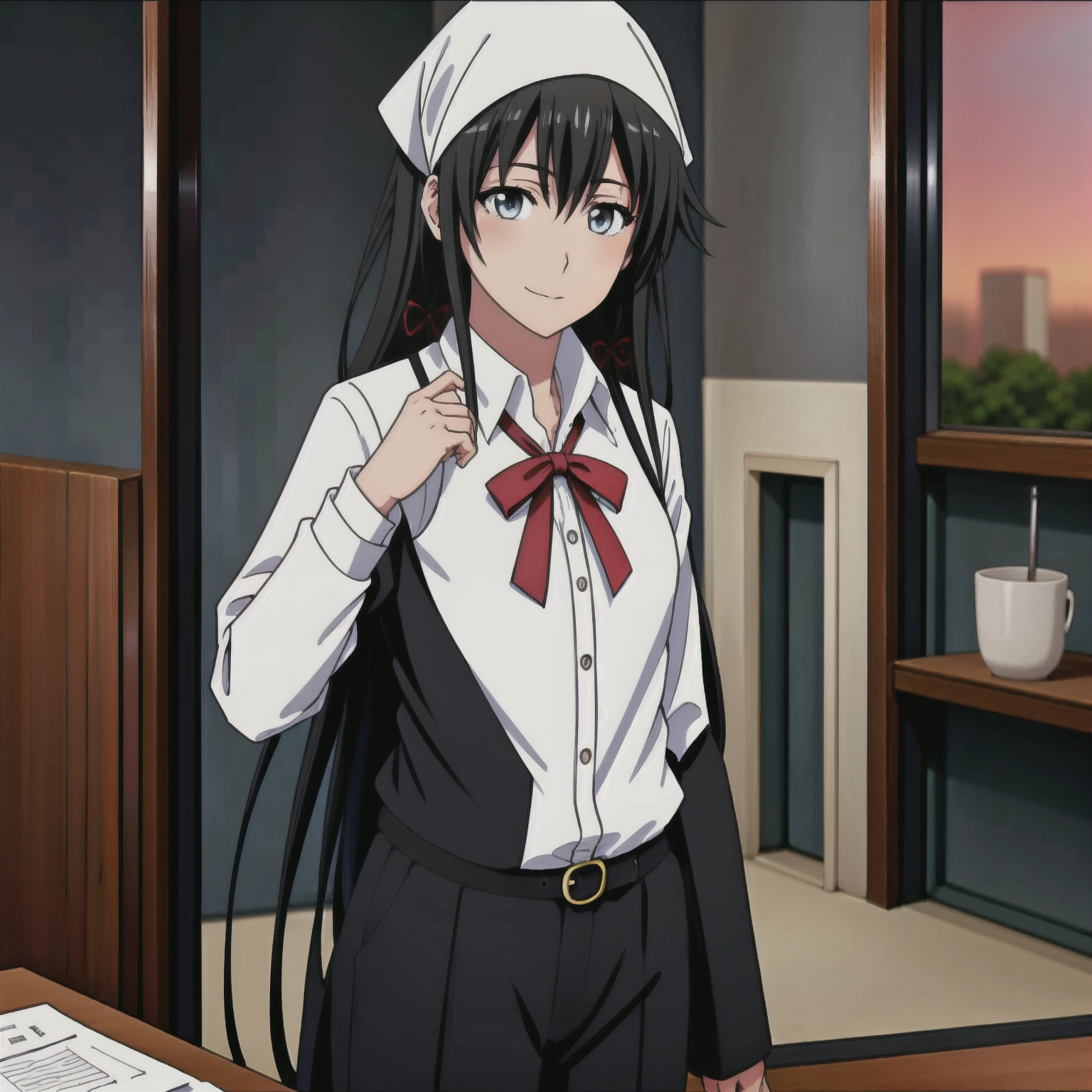 1GIRL , Yukinoshita yukino , Yukinoshita yukino,woman in formal attireactive suit tuxedo tailcoat standing in a large alcove in the room, 1girl, solo, necktie, black hair, blue eyes, long hair, smile, jacket, looking at viewer, shirt, pants, blue necktie, collared shirt, white pants, white shirt, indoors, bangs, long sleeves, closed mouth, window, black jacket, blush, cowboy shot, formal, suit, full body