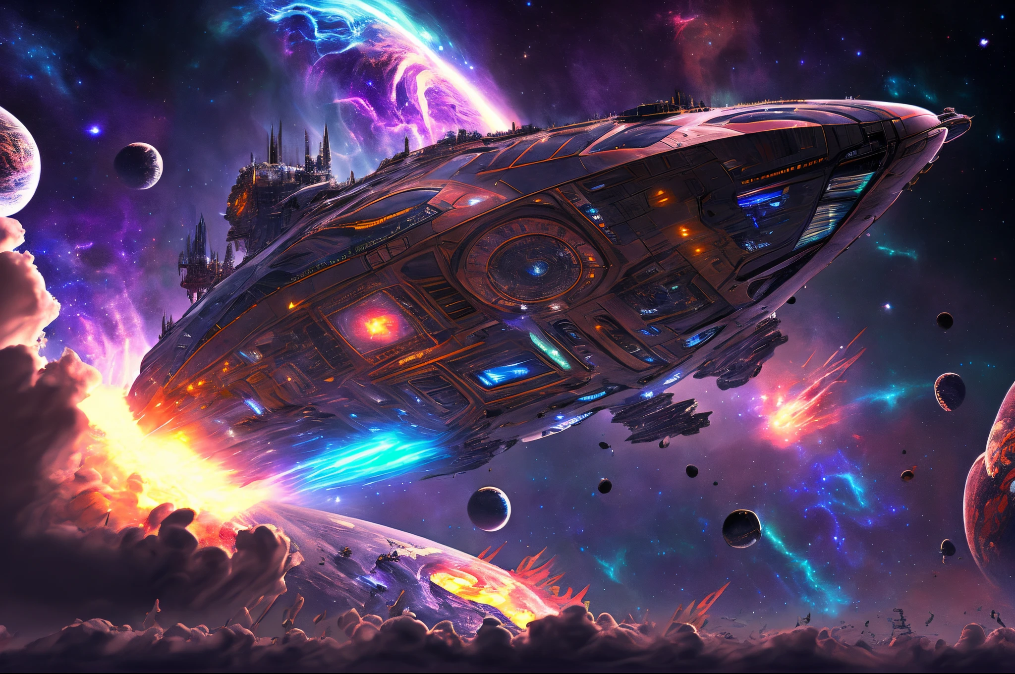 Interstellar space guerrilla ship in the midst of battle against others of the same, meteoric neon cosmic background, Ultra authentic, hyper plausible, highly stupendous, rigidly worthy, extremely spectacular, very incredible, ultra fantastic, hyper biased, rich in attraction, hyper unimaginable, hyper surprising, ultra epic, full HD, 3D, 4K, ultra realistic, ultra detailed, hyper realism, hyper perfectionist, rich in uniqueness, ultra magnificent, highly extraordinary, rigidly sensational, ultra in-depth, hyper-precise, highly precise, very complete, extremely particularized, rich in exclusivity, hyper-pragmatic. --auto --s2