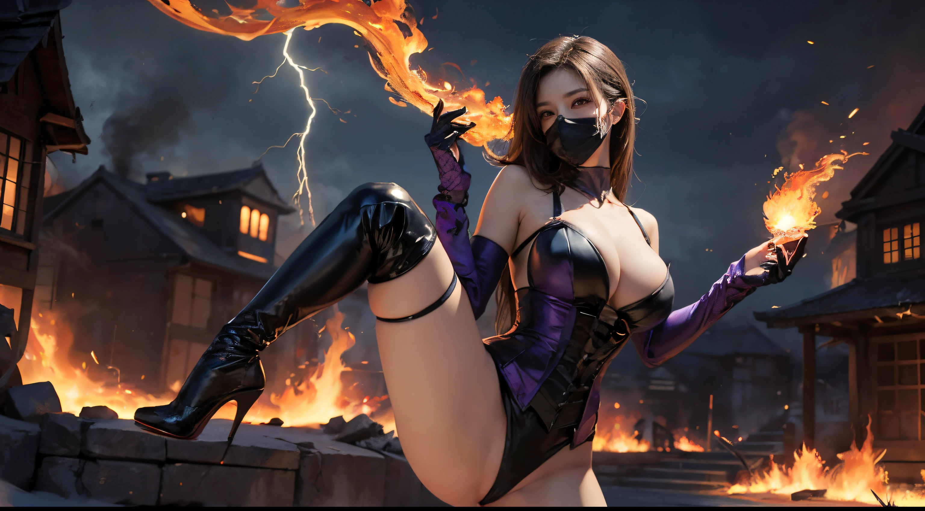 ((best quality)), ((masterpiece)), (detailed), perfect face, ((best quality)), ((masterpiece)), (detailed),((Big tits)),asian girl, mortal kombat, milena style, stockings, high heels, perfect leg, ((puple mask)), mortal kombat backgroung, smoke, purple fire big boobs, smoked skulls at background, fire, burning, more smoke, black leather , more fire, ((burning village in the background)), ((stocking)), sexy, corset, cyrstal balls,((she is standing in the middle of the picture)),((holding a lightning fireball)) lightning