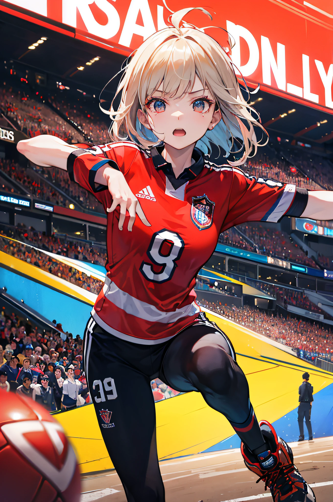 (Best Quality,4K,8K,hight resolution,masutepiece:1.2), Ultra-detailed, Realistic:1.37, Anime, Professional, Vivid colors, Sharp Focus, Physiologically based rendering, Intense lighting, Portraits, (Scene description), Umpire, players, inappropriate touch, Football matches, intense action, lively stadium, Enthusiastic fans, Player&#39;s unique pose, dynamic movements, Suspenseful atmosphere, Blurred background, Dramatic expressions, impressive jersey design, accurate ball physics"