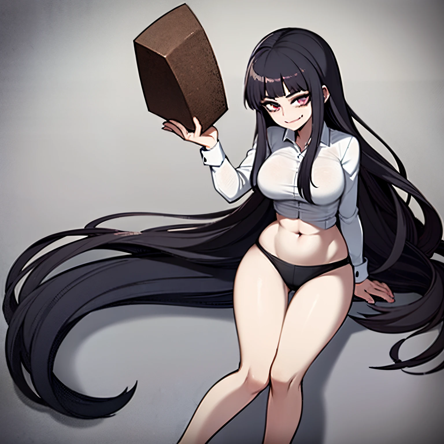 manhua style, young woman, black hair, dark blue jeans, white shirt, bottom heavy, full body shot, wide thighs, wide hips, toned belly, long hair, 160cm in height, open clothing, relaxed, bedroom scene, smirk.**