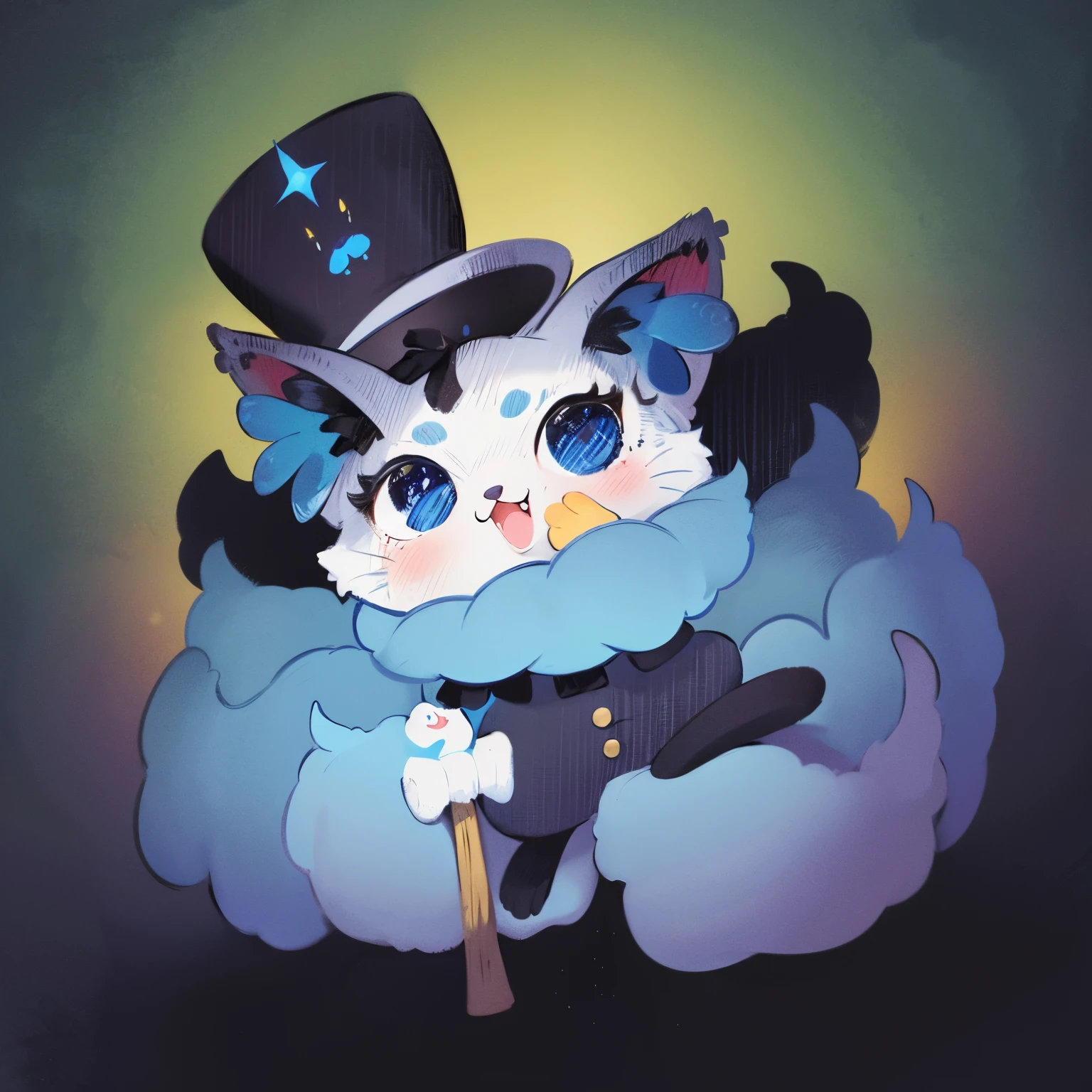 There is a cartoon cat holding a cat in a hat, Made with marshmallows, dream girl colors, Cat Seahorse Fursona, cat wearing top hat, smol furry cat wearing smol hat, cat witch, Kawaii cat, anthropomorphic cat, soft fur, Super Math Magic Cat, He is wearing a top hat, anime cat, Sora is a cat