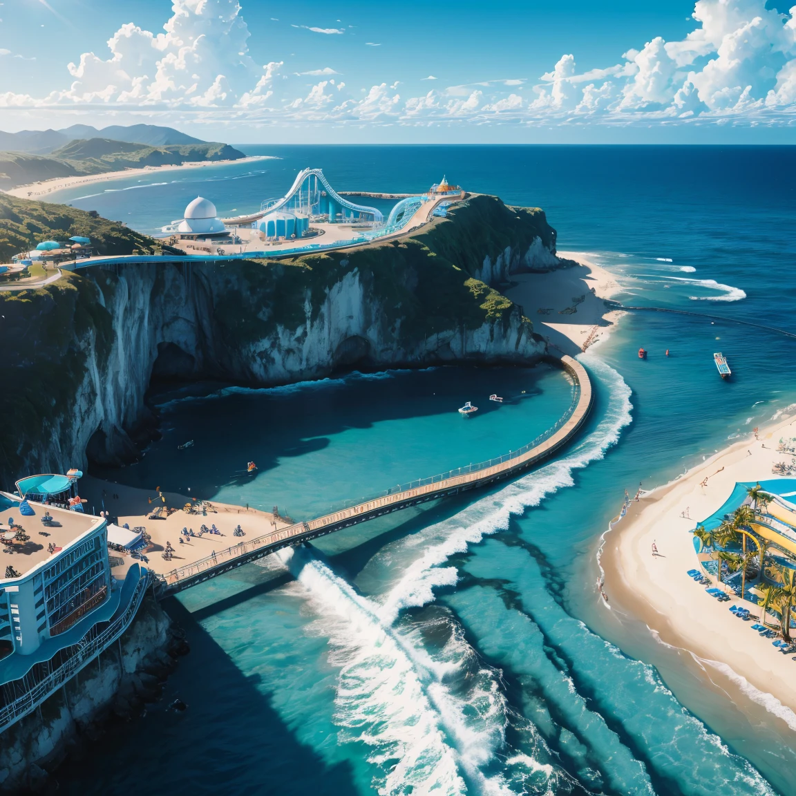 Ultra High Resolution, High Detail, (Ocean Theme Park), Sunny, Blue Sky, Ocean, Sea Water, Rides, Ocean Slide,, Vibrant, Perfect Light and Shadow, Unreal Engine