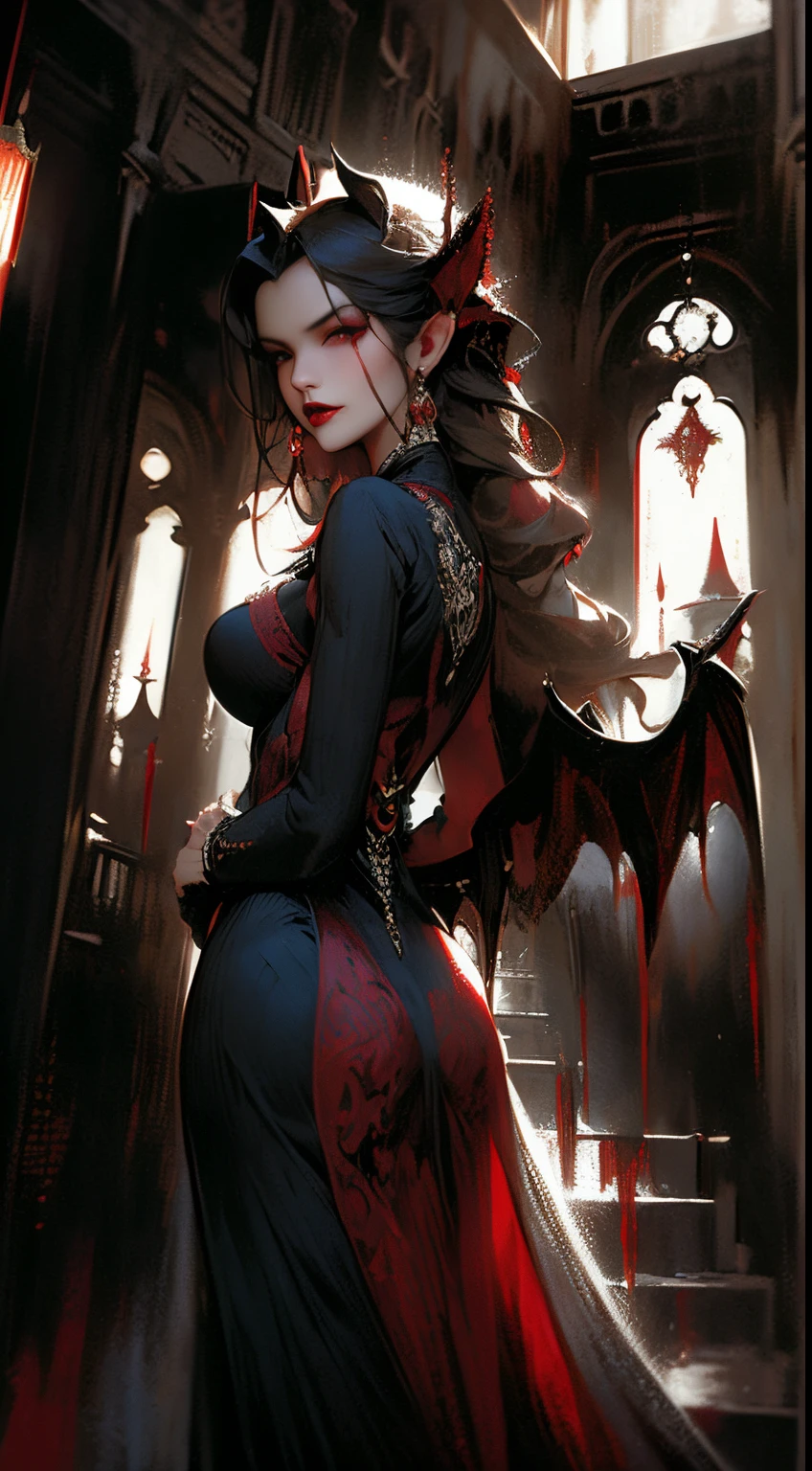 estilo anime, Noite, aleathory mulher adulta madura, condessa, she has an evil appearance, red lips, dente como vampiros, longos cabelos ruivos, olhos vermelhos, bat wings, vestido vermelho. Colonial furniture, large colonial hall with stairs, janela e lua