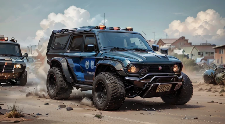 dark grayish-blue police 4x4 SUV in motion, slow motion, motion blur, front right view, 1970s, urban, ultra realistic, cinematic style, worm colors, 8K, HD