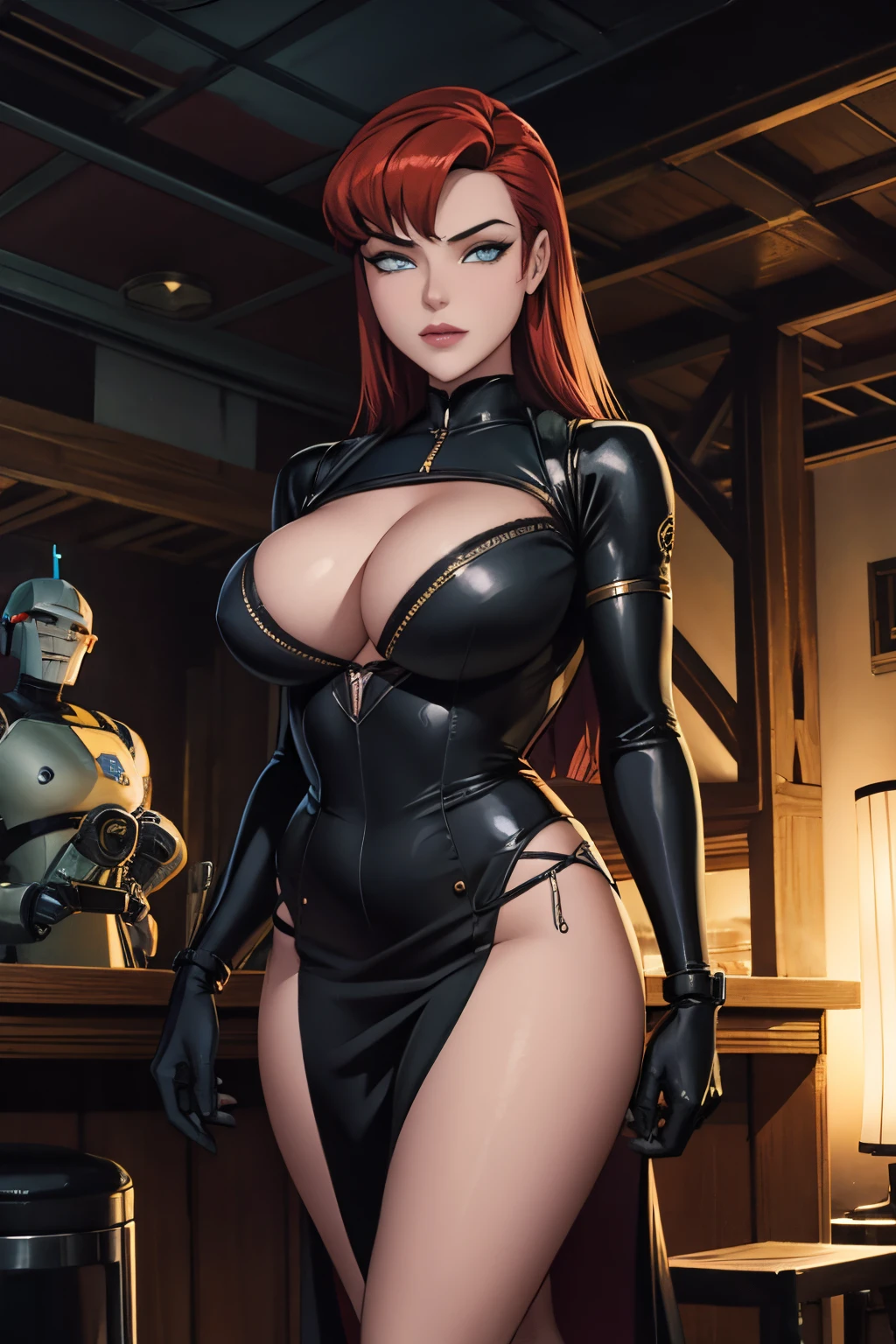 There's a woman in front of a group of robots, Retrato masculino steampunk, compositing, mulher android bonita, Cena tempestuosa e grandiosa de guerra, inspirado em Richard Avedon, uma policial negra dieselpunk, mulher ruiva,  no terno, roupas de moda intrincadas, soldado feminino bonito