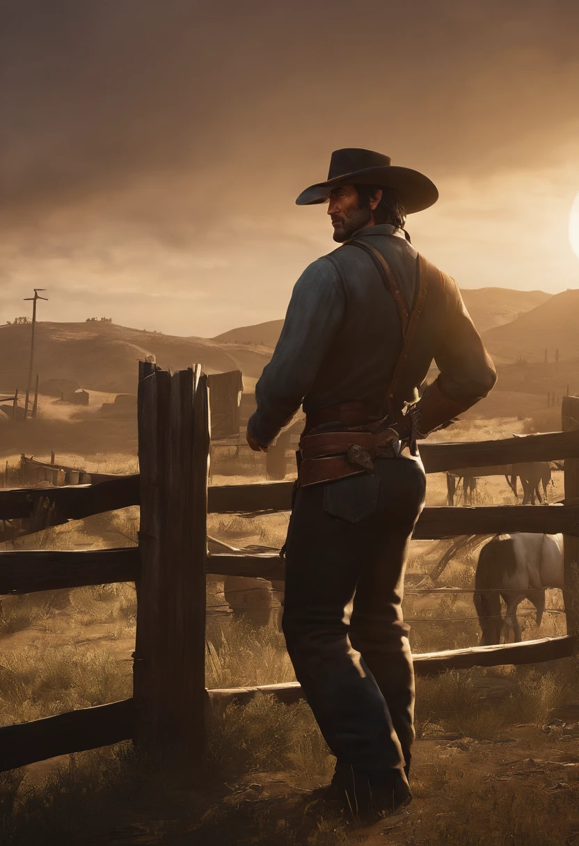 A picture of John repairing a broken fence on his property.,Red Dead Redemption,A man with shoulder-length black hair he has swept back. Black stubble. Mid-thirties. Half of his face has claw mark scars. , male
