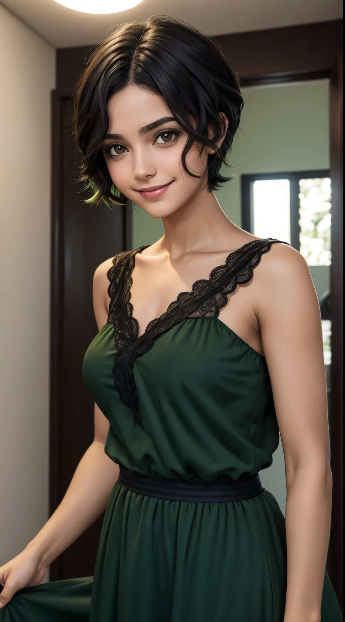 uma jovem de cabelo preto, olhos verdes, short hair up to the shoulders, ela esta na sala de casa, ela esta de roupa, vestidinho florido, she is happy, melhor fotografia, obra prima, luz cinematografica, She's smiling