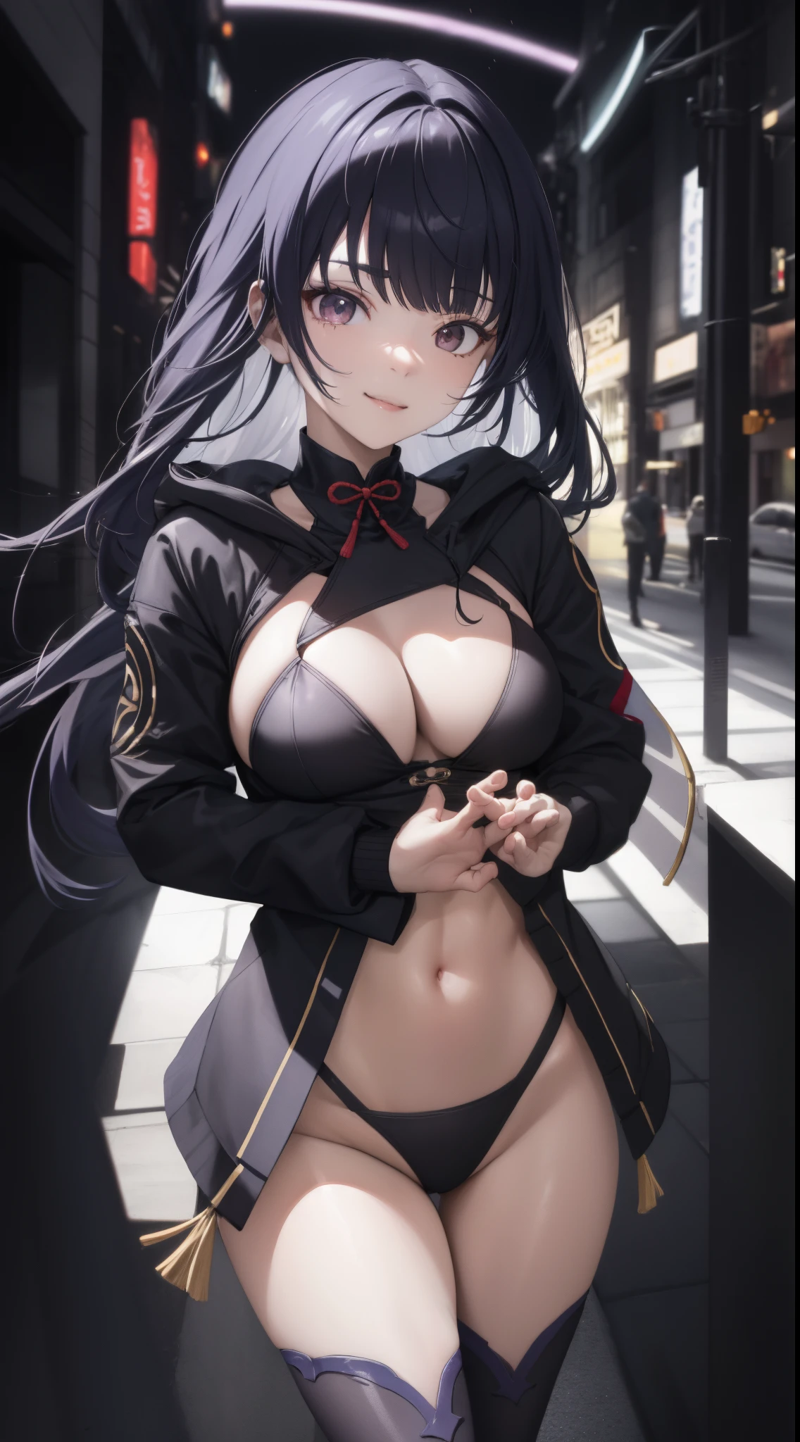 Raidenshogun, sorriso sexy, decote, apalpando os seios, sorriso sexy, (alta qualidade, 8k, obra prima, qualidade ultra, extremamente detalhado, bem colorido, no blurries, foco absoluto, impeccable quality)
1girl, highleg panties, hooded jacket, open jacket, hands, bikini, best quality, highly detailed