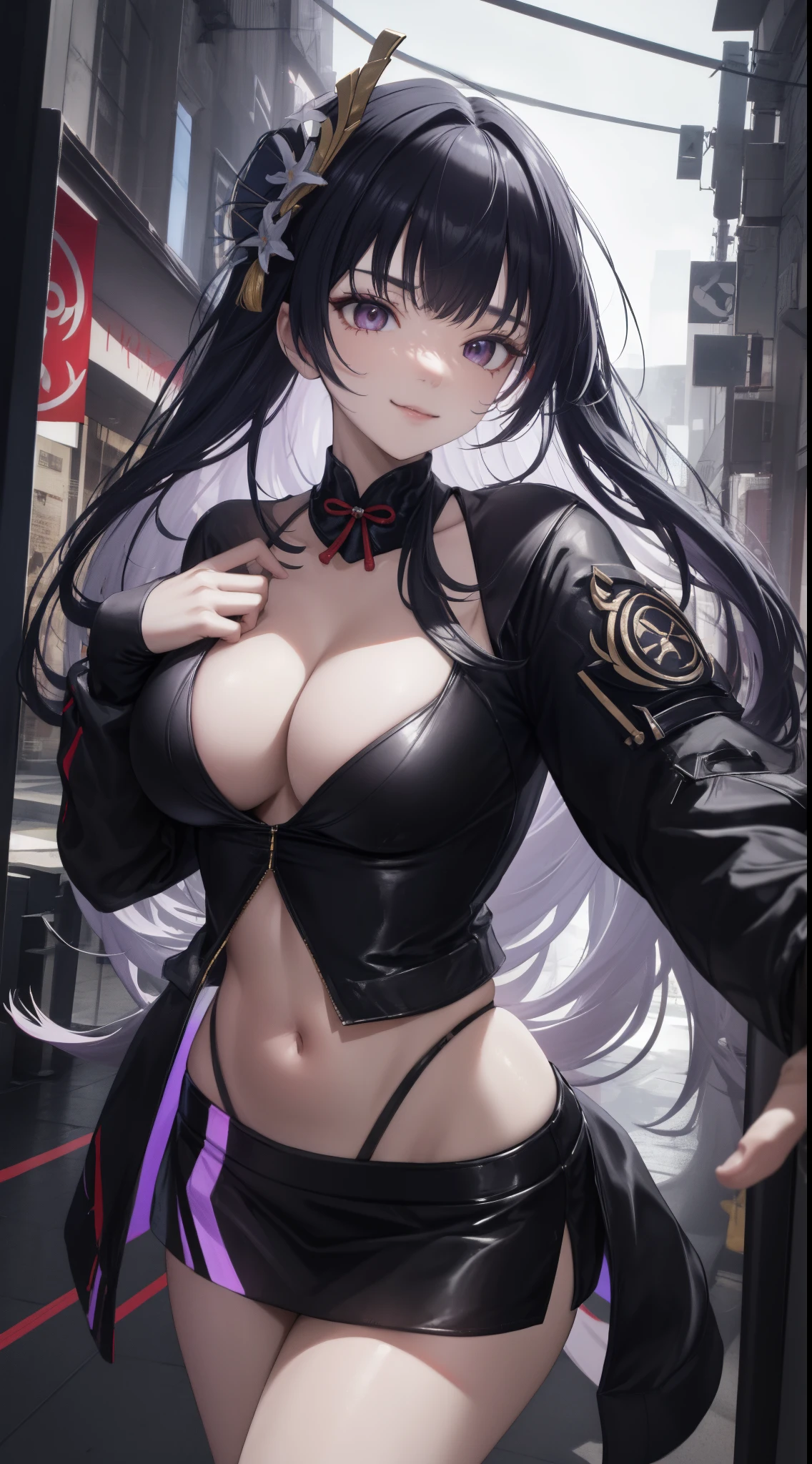Raidenshogun, sorriso sexy, decote, apalpando os seios, sorriso sexy, (alta qualidade, 8k, obra prima, qualidade ultra, extremamente detalhado, bem colorido, no blurries, foco absoluto, impeccable quality)
1girl, highleg panties, hooded jacket, open jacket, hands, bikini, best quality, highly detailed