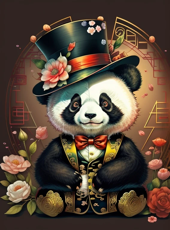 (cute baby panda with a red top hat with flowers), Munchkin ,Geometric multidimensional wall portrait, livro de arte, Tchibi,
Yang08k, Beautiful, Colouring,
Obras, of the highest quality, best quality, Arte Oficial, Beautiful and Aesthetic,