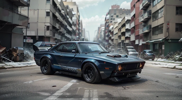 dark grayish-blue police 4x4 car in motion, slow motion, motion blur, front right view, 1970s, urban, ultra realistic, cinematic style, worm colors, 8K, HD
