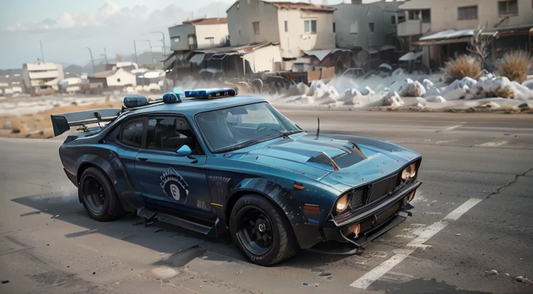 dark grayish-blue police 4x4 car in motion, slow motion, motion blur, front right view, 1970s, urban, ultra realistic, cinematic style, worm colors, 8K, HD