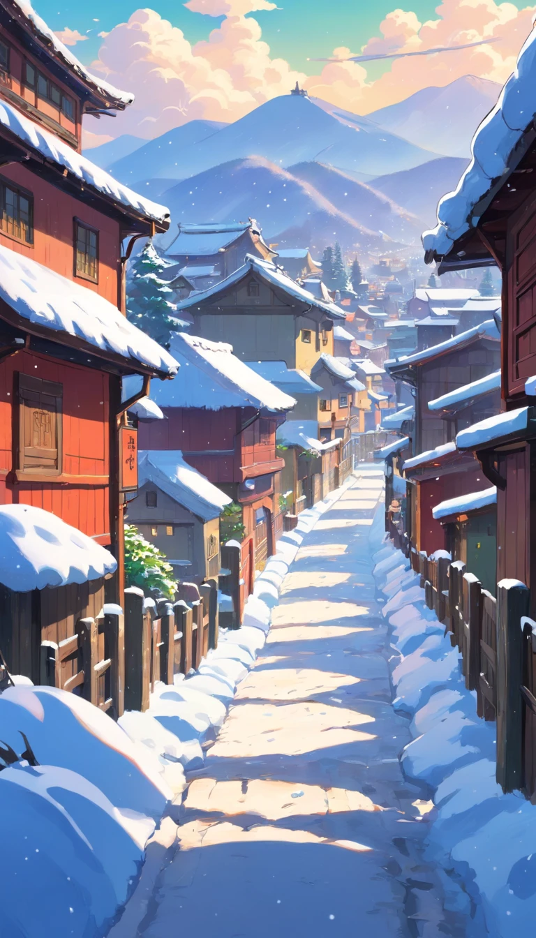 Snow scene of a village with fence and wooden fence, Chinese village, colorful wall, snow, snow, covered with snow, during snowfall, snowy winter, winter environment, (snow), snow snow, shooting, beautiful snow scene, beautiful winter area, snow scene, winter snow, high snow, sunny winter day, winter in the snow, snow, white, lady