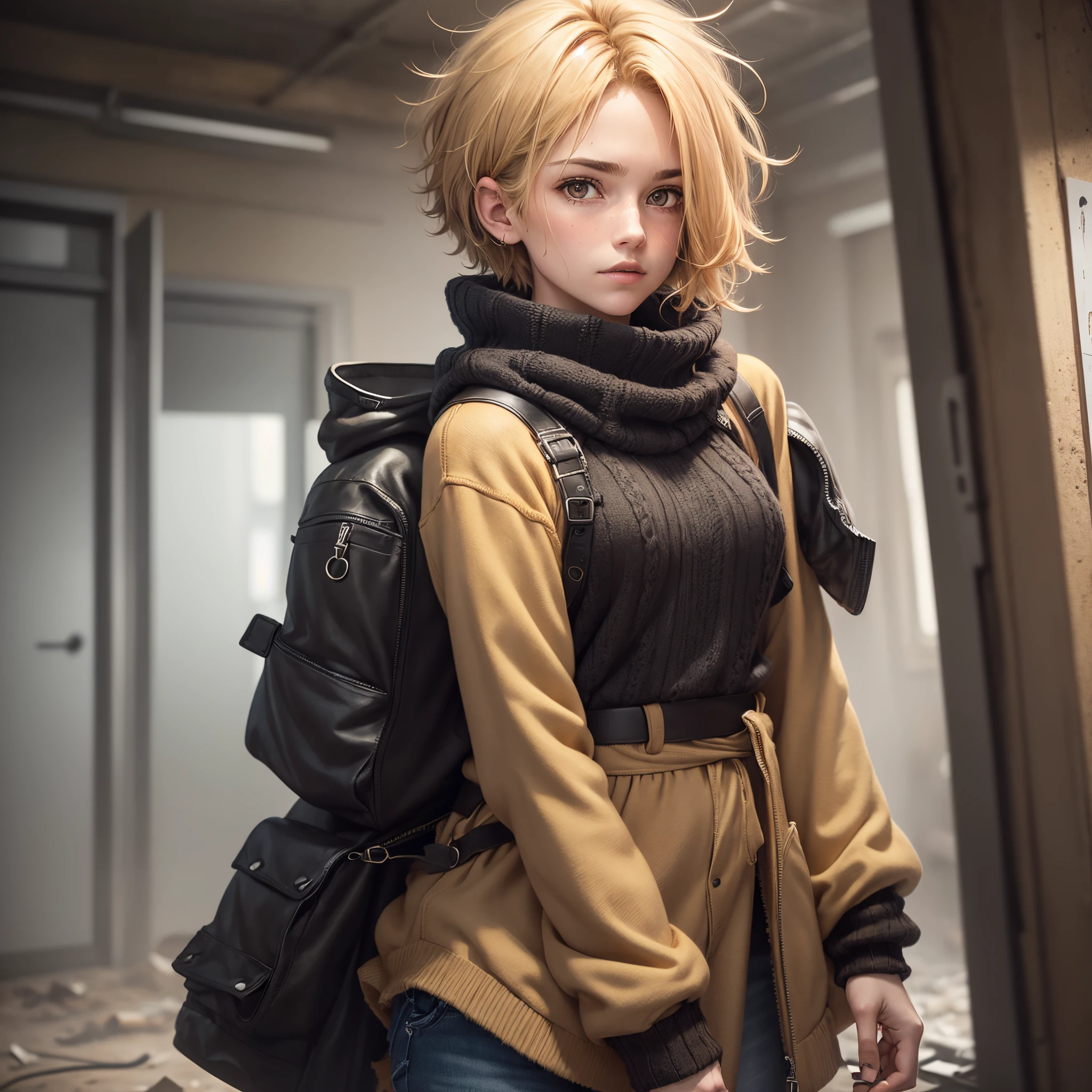 Illustrated image of a single adult female (about 19) with with short ,masculine, fluffy golden-blonde tomboyish masculine hair, messy and flowy hair, Brown eyes, black sweater, post apocalyptic themed, one person image,, ((very Short masculine hair)) one person image, Generate an image with a single person,
