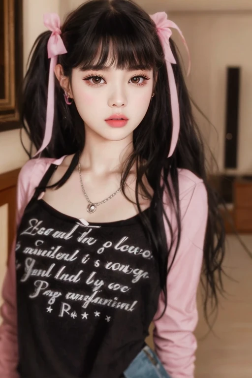 there is a woman with a pink shirt and a pink bow, parece uma mistura de grimes, Ela tem cabelo preto com franja, assemelhando-se a uma mistura de grimes, parece uma mistura de grimes, sasha cinza, linda Delphine, Retrato de Kim Petras, Charli Bowater, ((Saturado)), Ela parece uma mistura de Grimes
