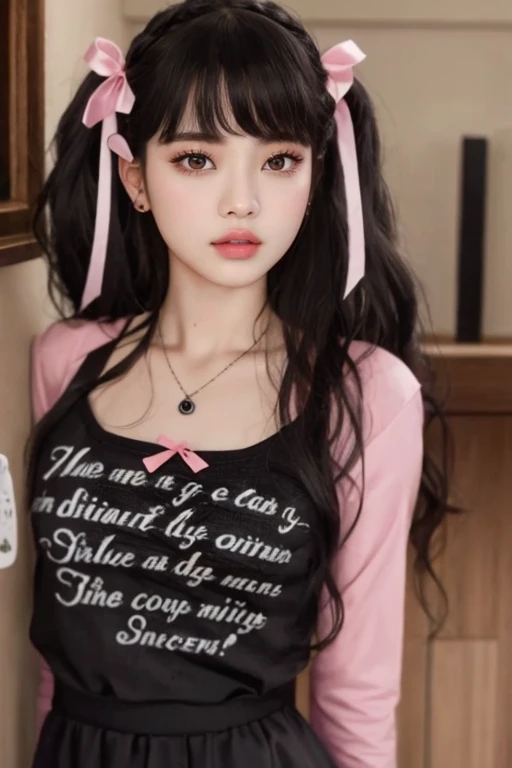 there is a woman with a pink shirt and a pink bow, parece uma mistura de grimes, Ela tem cabelo preto com franja, assemelhando-se a uma mistura de grimes, parece uma mistura de grimes, sasha cinza, linda Delphine, Retrato de Kim Petras, Charli Bowater, ((Saturado)), Ela parece uma mistura de Grimes